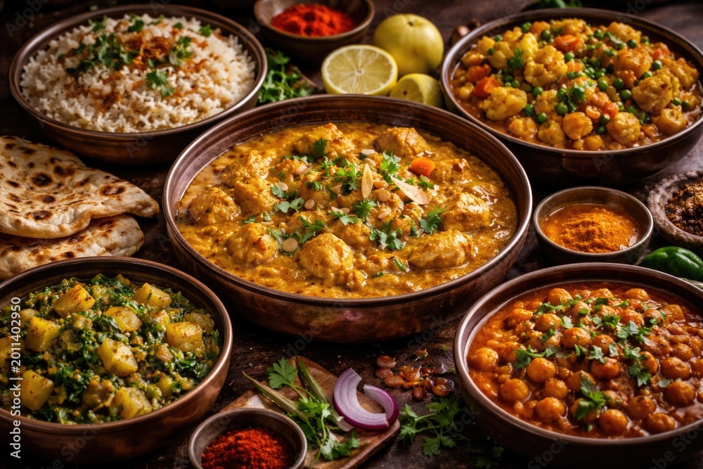 Obraz premium Traditional Indian cuisine featuring aromatic korma and varied sabzi preparations