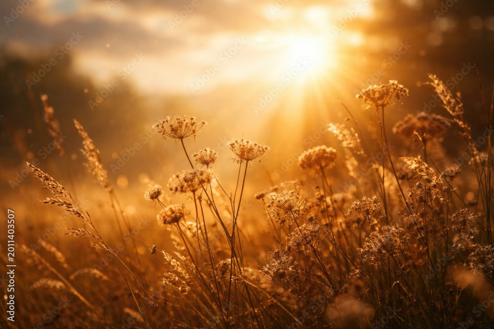 Naklejka premium Bright golden rays highlighting dried wildflowers and meadow grass with a defocused sky background and light reflections