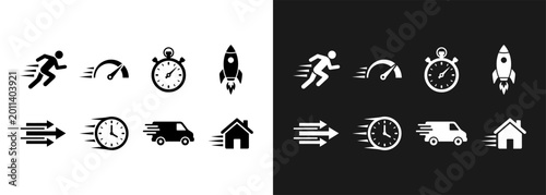 Speed and delivery icons set running rocket stopwatch truck and home symbols