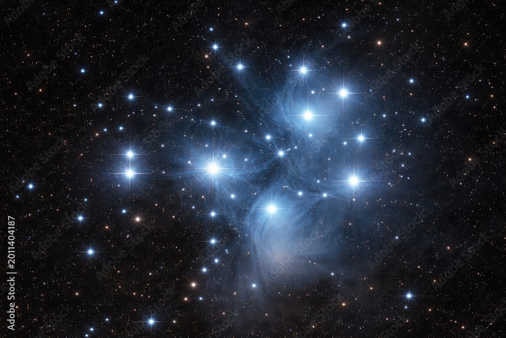 Fototapeta premium celestial Pleiades stars sparkling in pitch black sky