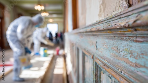 Lead paint abatement worker in protective suit removing lead paint from interior woodwork, showing protective gear, containment and remediation activity.