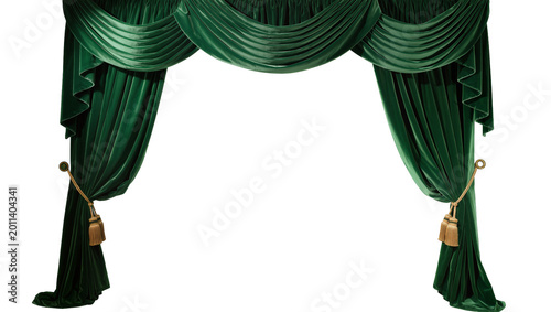 Quadro su tela Emerald green velvet drapes with gold tassels and tie-backs, isolated on transpa