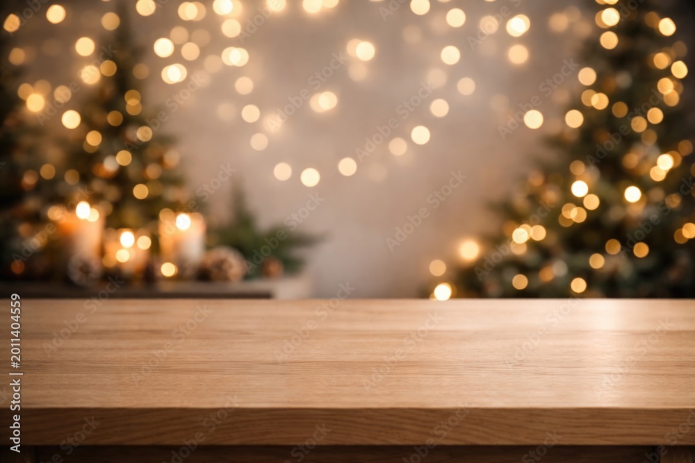 Obraz premium Minimal style wooden table paired with ambient bokeh lights and a muted festive backdrop for showcasing products