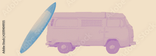 Vintage Aesthetic collage of a Retro Van and Surfboard. This Minimalist Graphic uses Halftone textures for a Summer surfing design.