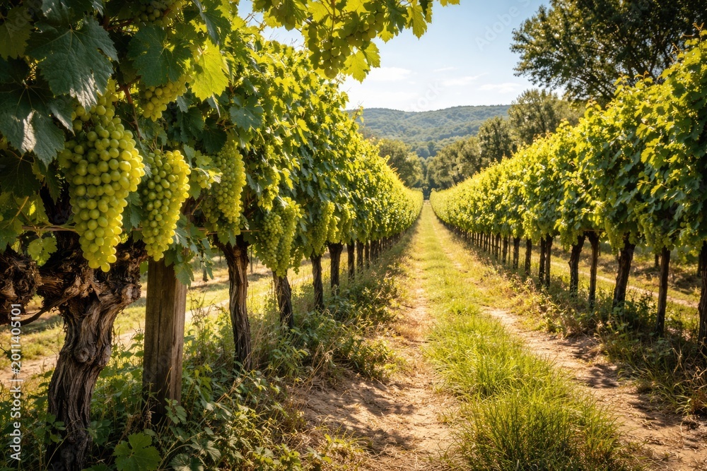 Fototapeta premium Sunlit vineyard scene on a clear summer day with dense foliage and grapevines