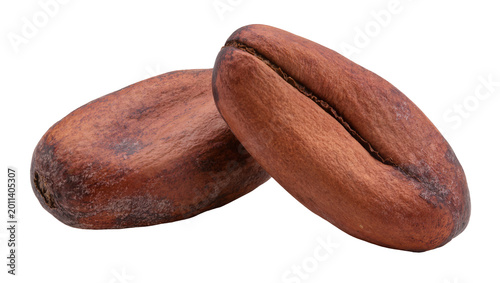 Foto Two raw cocoa beans with textured brown shells, isolated on transparent backgrou