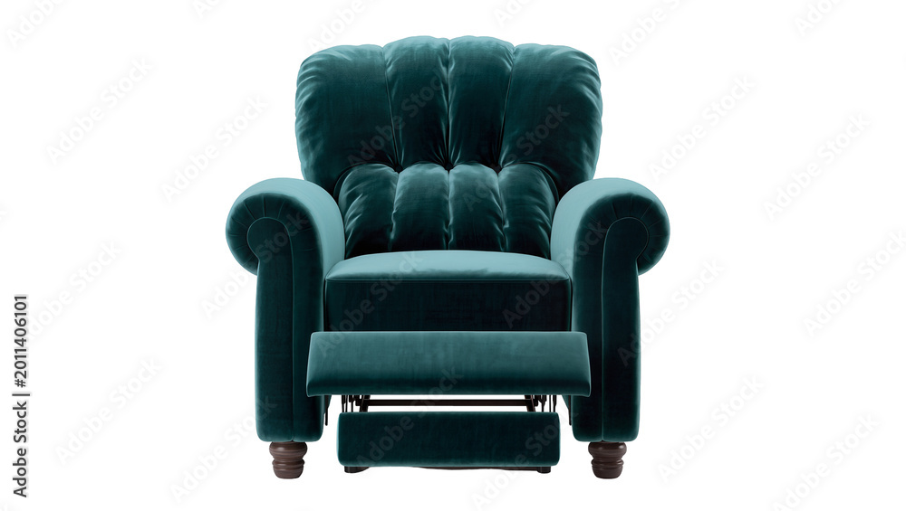 Fototapeta premium Plush teal velvet recliner armchair with tufted back, isolated on transparent background