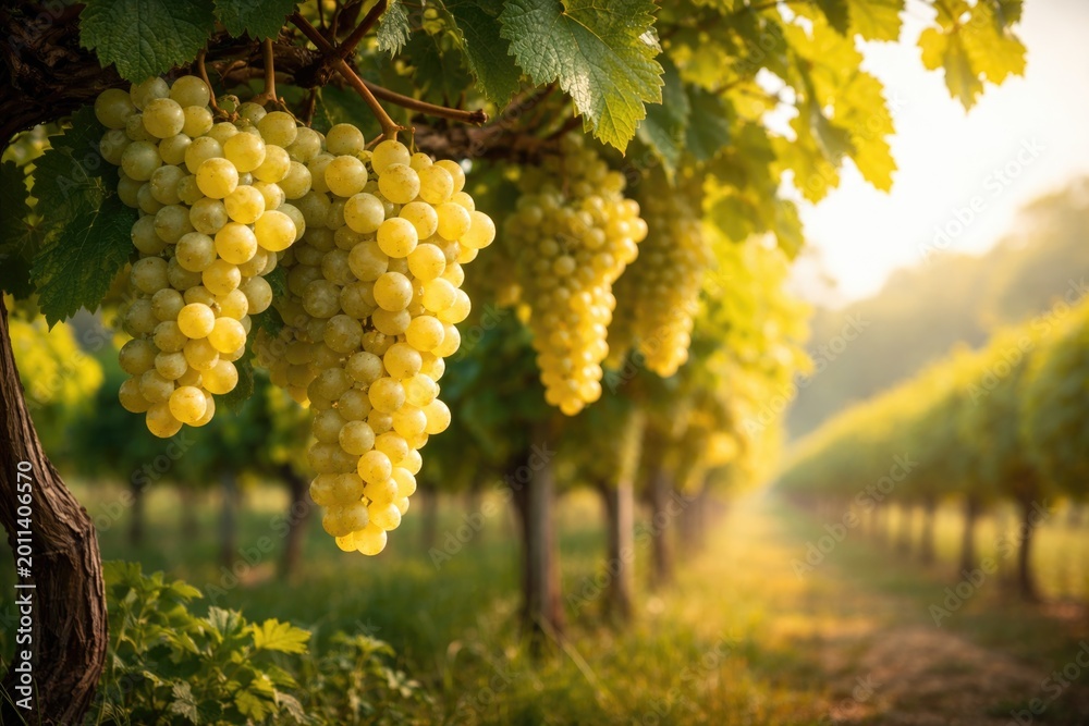 Obraz premium Bright white grapes growing on healthy vineyard vines with space for text