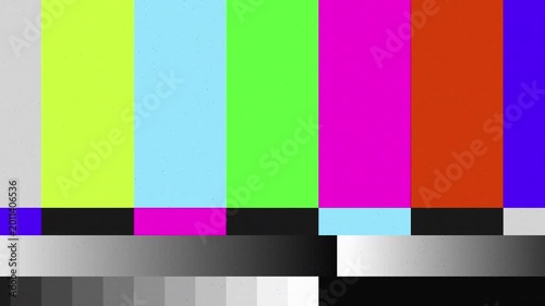 Retro television color bars test screen with analog noise and broadcast glitch texture, vintage media background with signal calibration concept