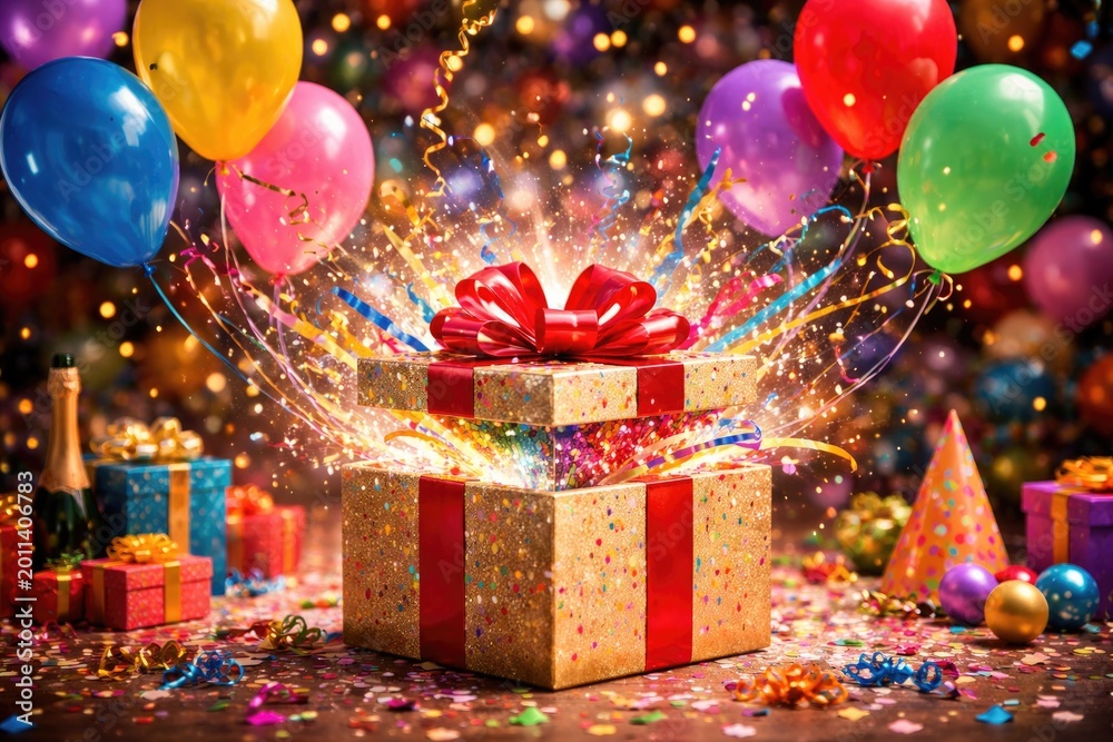 Obraz premium Celebration setup with colorful balloons and a gift box bursting with festive charm