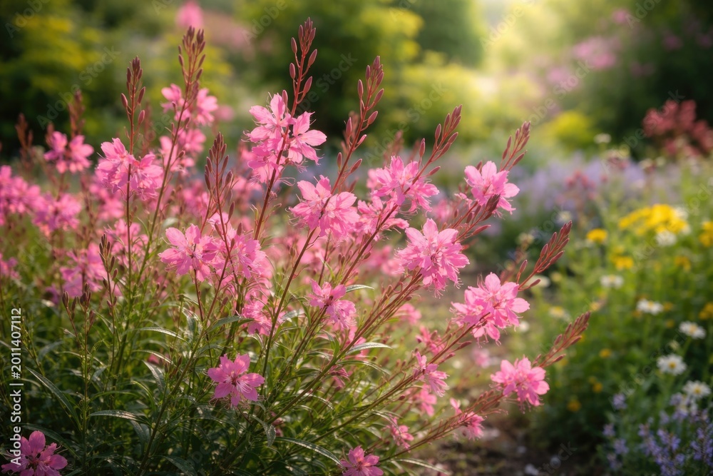 Obraz premium Bright pink gaura flowers flourishing amidst verdant plants in spring botanical garden