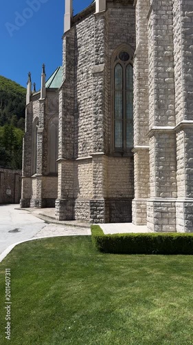 Santuario dell’Addolorata in Castelpetroso, Molise Italy, neo gothic catholic church exterior architecture, religious landmark, 4K ProRes