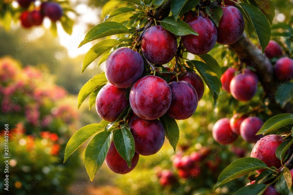 Fototapeta premium Mature red plums ready to pick from a tree in a colorful garden