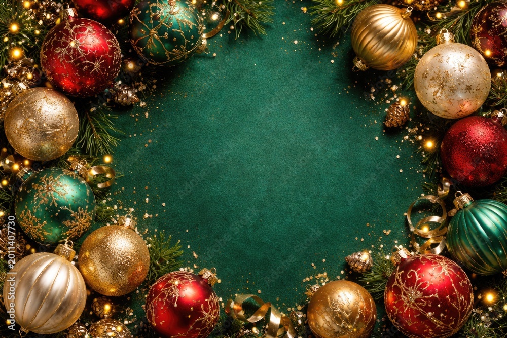 Naklejka premium Seasonal glass ornaments on an emerald green festive background with copy space