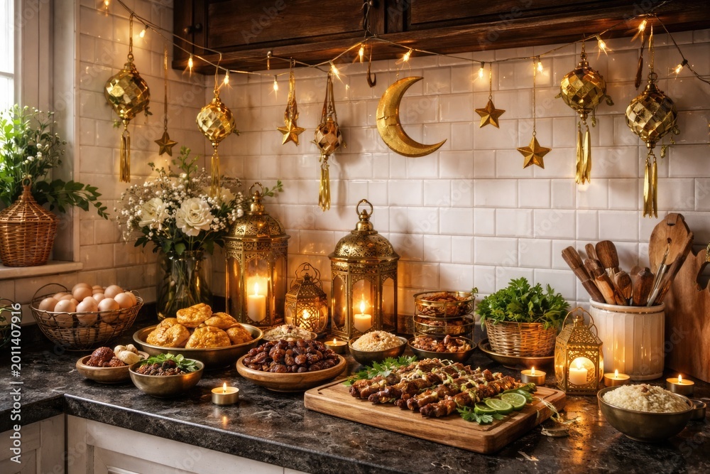 Naklejka premium White kitchen wall with dark surface textures during Eid al Fitr celebration preparations
