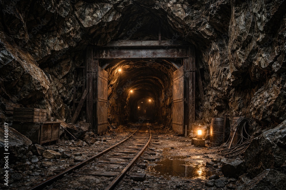 Fototapeta premium Deep mine portal framed by natural rock formations