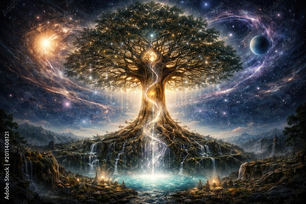 Fototapeta premium Mythical tree of life showing connection between earth realms and cosmic forces