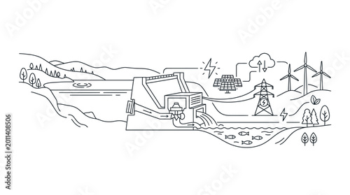 Quadro su tela Hand drawn line art illustration of a renewable energy hydroelectric dam power plant