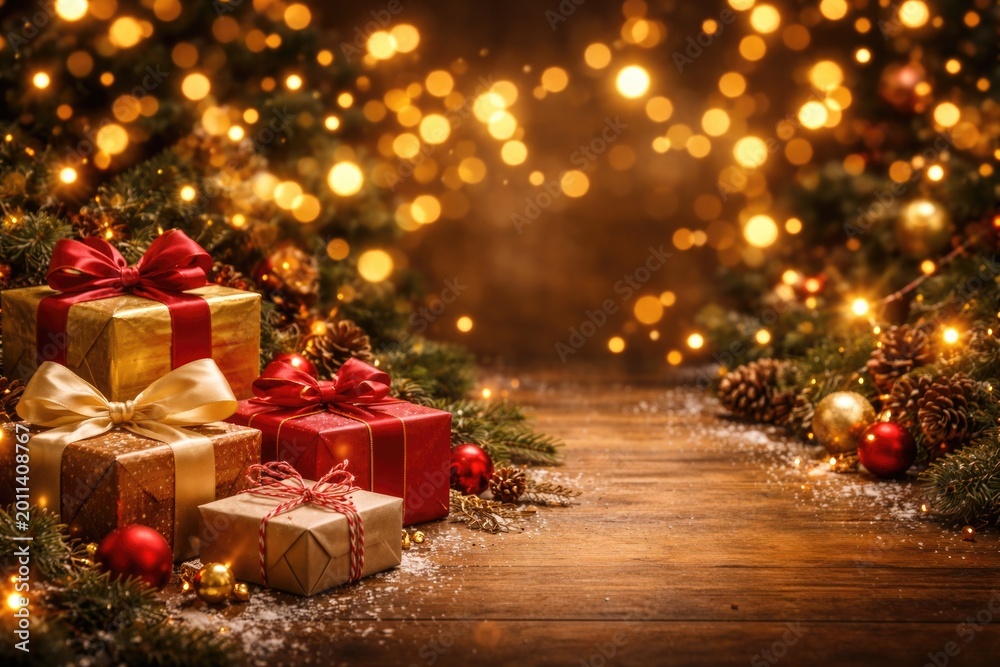 Obraz premium Warm holiday backdrop with shining lights and holiday gifts designed with copy space for design