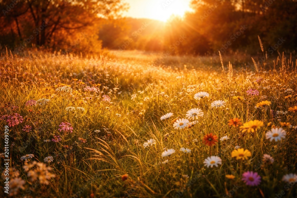 Naklejka premium Radiant golden evening light casts warmth over a flower filled autumn grass meadow