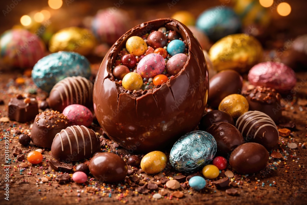Obraz premium Yummy Easter chocolate egg accompanied by a selection of sweet chocolates