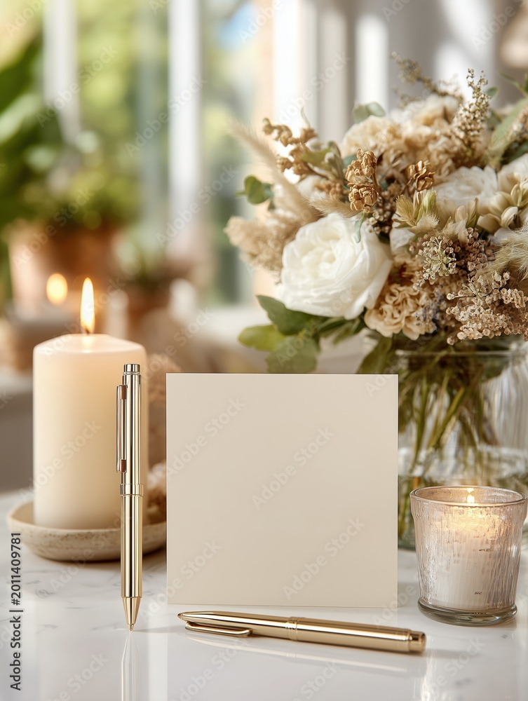 Obraz premium Romantic Stationery Mockup with Blank Card Flowers and Candlelight