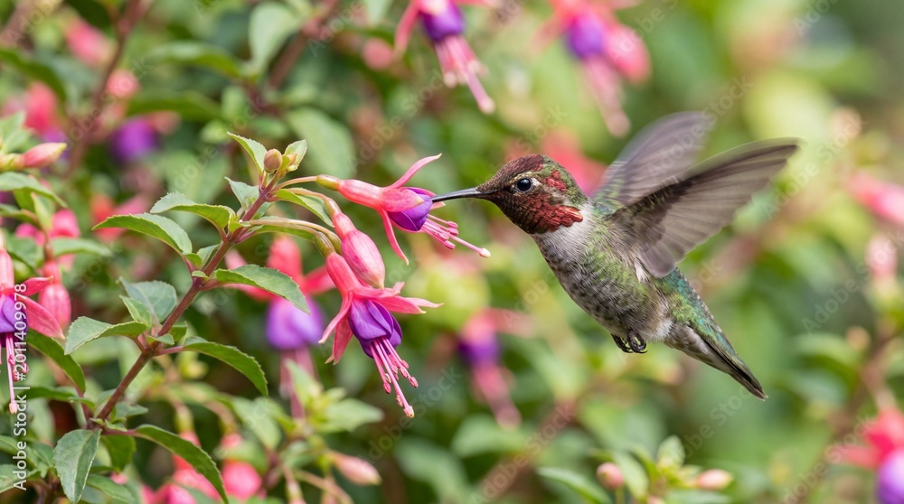 Fototapeta premium Hummingbird hovering feeding on vibrant fuchsia flowers in garden