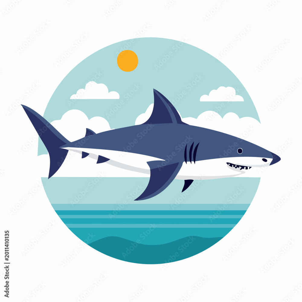 Fototapeta premium Stylized illustration of a great white shark swimming in the ocean under a sunny sky