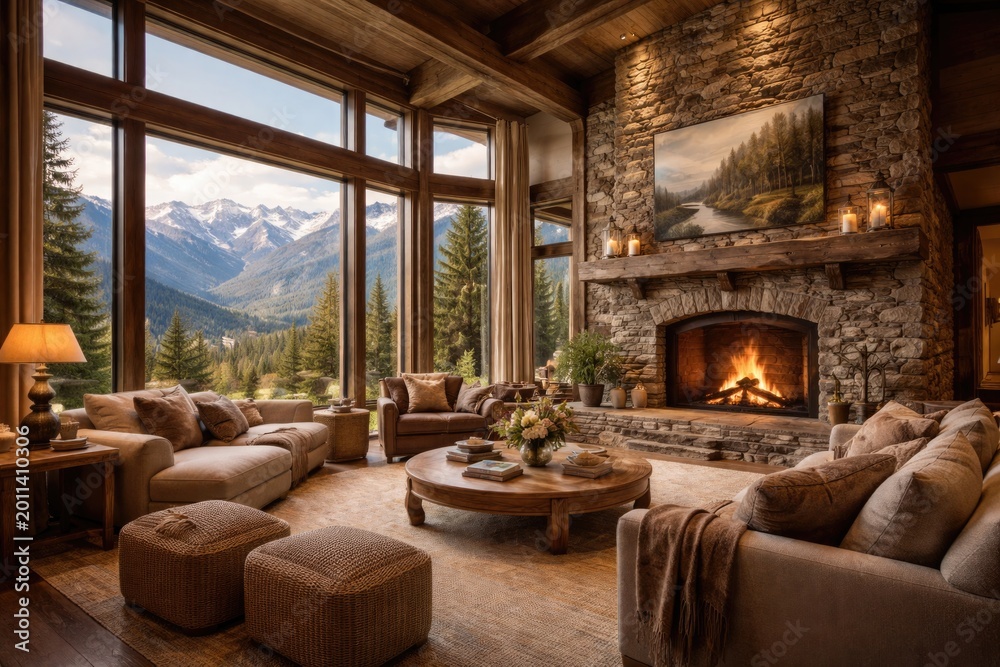 Naklejka premium Generous room design with soaring windows and a rustic fireplace framing panoramic mountain views