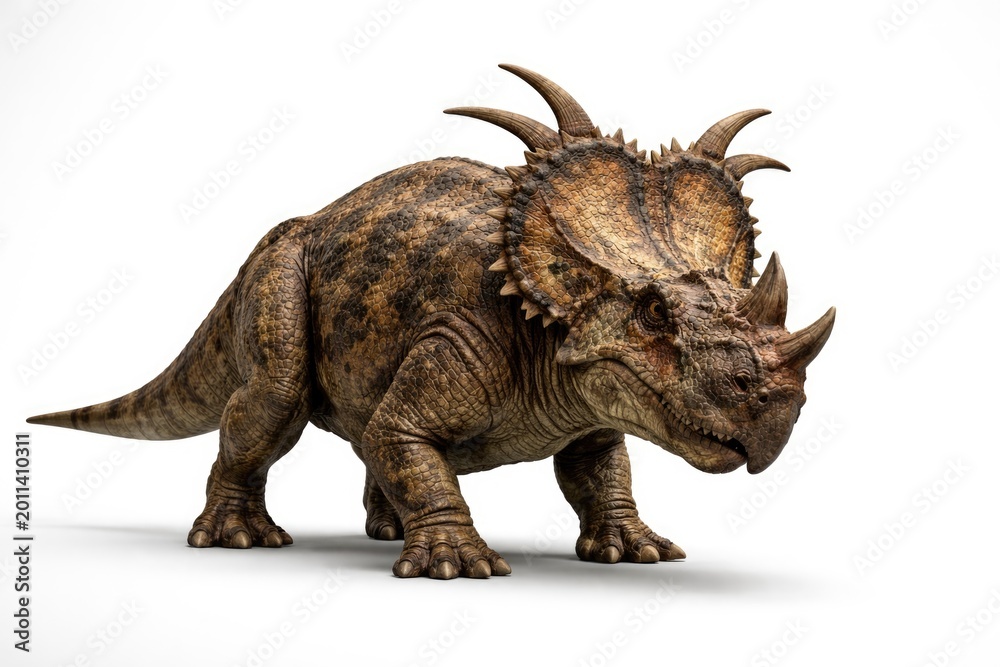 Fototapeta premium Pachyrhinosaurus prehistoric dinosaur displayed on an empty white surface