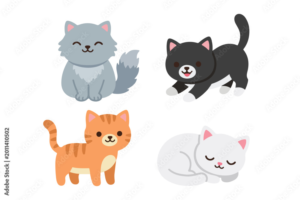Fototapeta premium Diverse kitten breeds collection set vector, cute cat characters of fluffy, tabby, and tuxedo