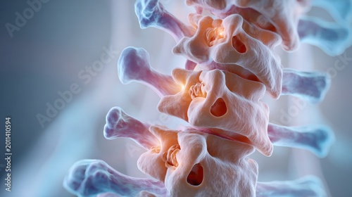 Detailed View of Spinal Anatomy: A close-up, illuminated illustration of human spine showcasing intricate structures, offering a detailed perspective on the vertebral column's complexity.