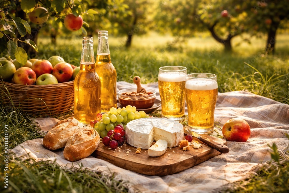 Naklejka premium Relaxing summer day with orchard apples crisp apple cider and creamy cheese on grass