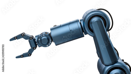 Fotografía Blue metallic robotic arm with articulated claw, isolated on transparent backgro
