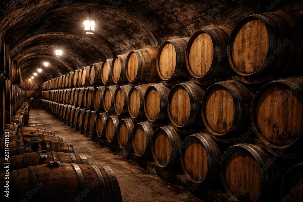 Naklejka premium Stacked wine barrels inside a cool and dim aging cellar