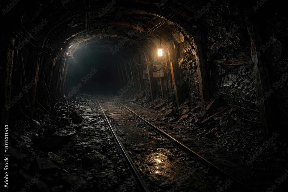 Fototapeta premium Silent coal mine passage bathed in haunting lighting alongside copy space