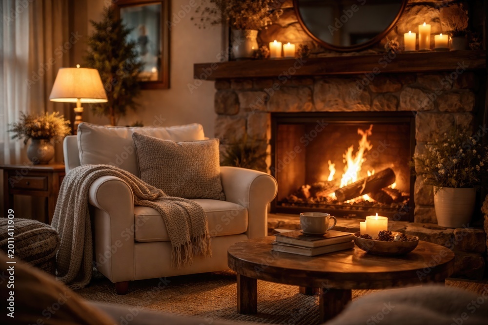 Fototapeta premium Warm living room setup with white armchair and flickering flames