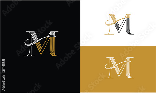 Stylized Letter M Logo in Black, White, and Gold Color Schemes
