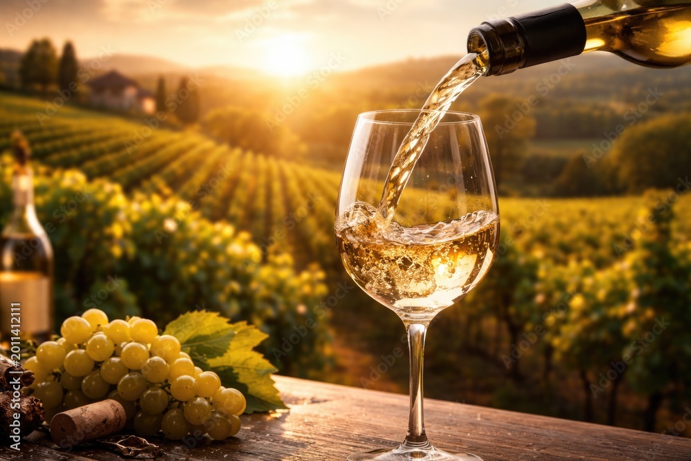 Fototapeta premium White wine pouring into a glass in front of a radiant vineyard landscape with text space