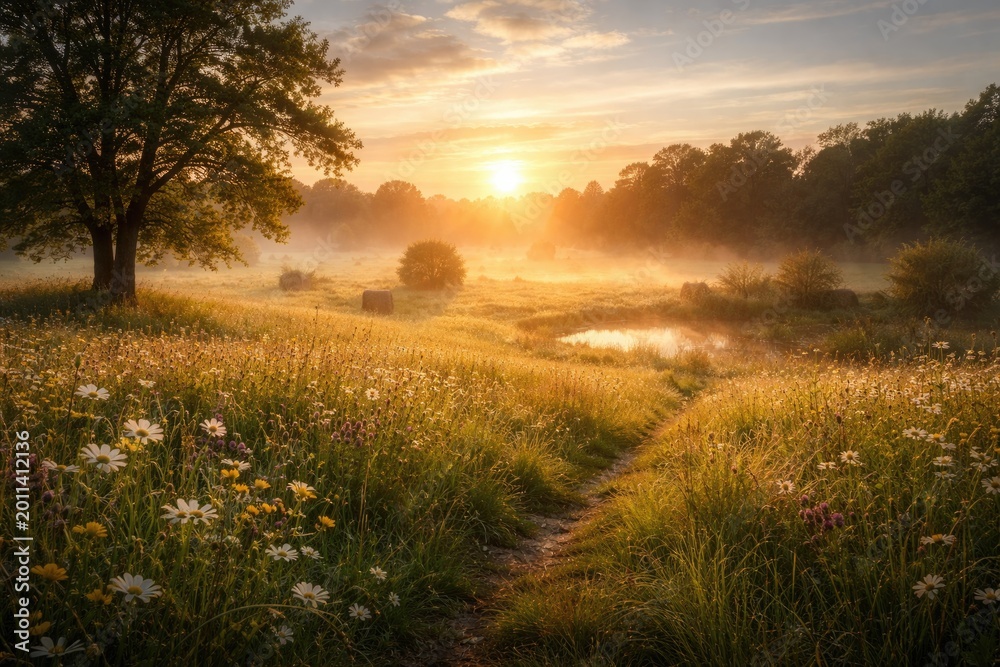 Naklejka premium Tranquil rural meadow at sunrise with environmental theme background