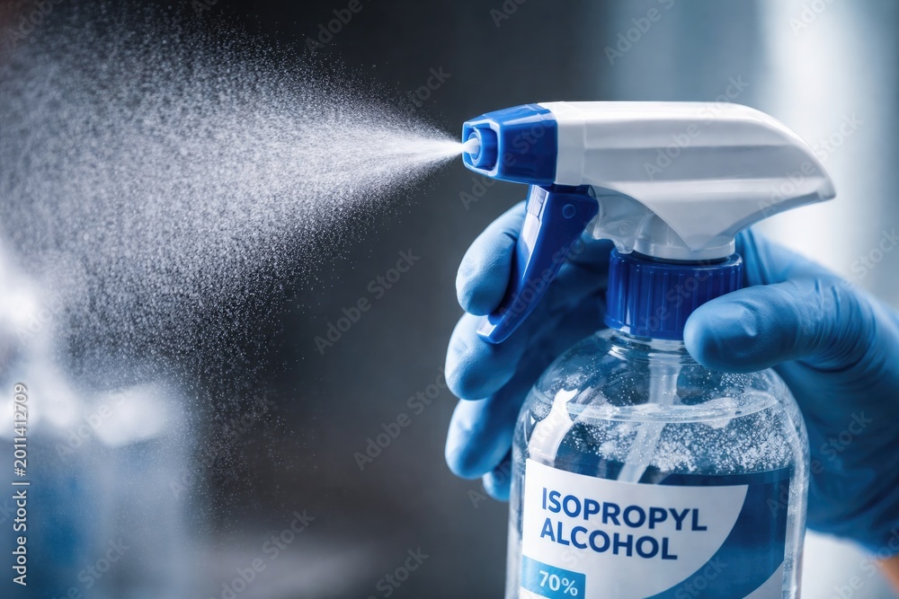 Fototapeta premium Macro Shot of Isopropyl Alcohol Sprayer with Delicate Mist for Advanced Cleaning Uses