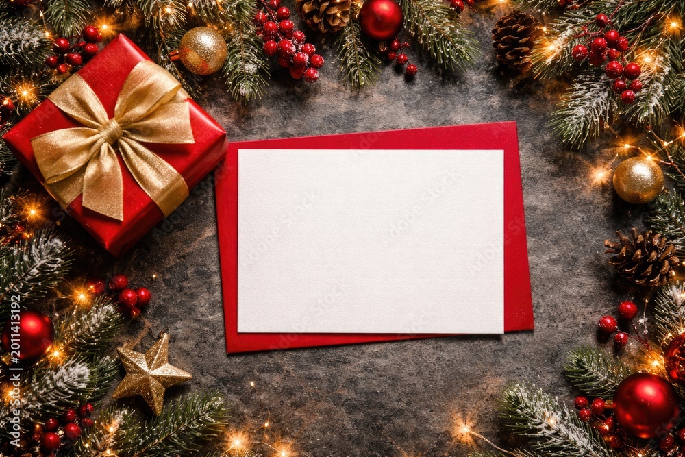 Naklejka premium Red decorated Christmas card mockup with gift box on textured surface ideal for festive greeting designs