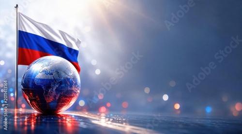 Russian flag waving over a glowing globe against a backdrop of city lights and bokeh