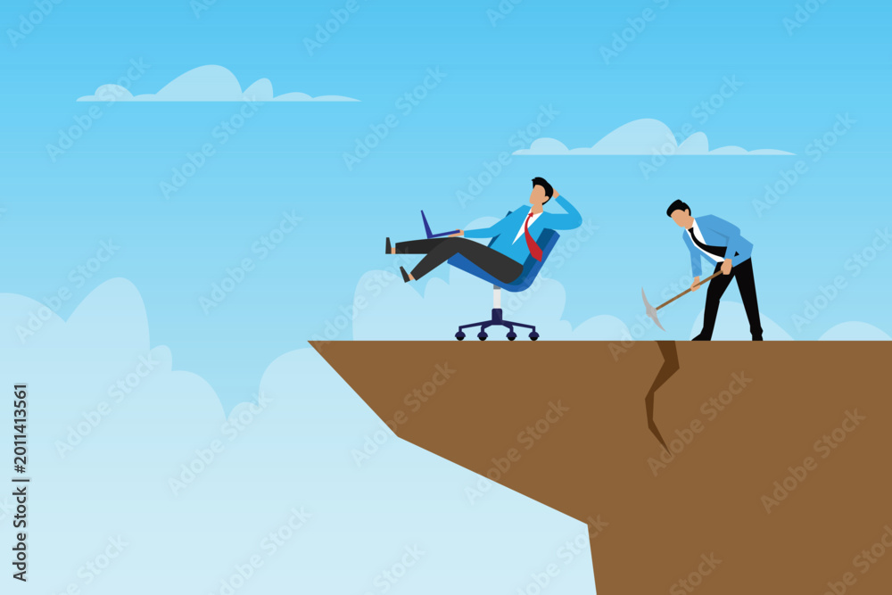 Fototapeta premium Business Sabotage and Risk Concept with Businessman at Cliff Edge 2d flat vector illustration