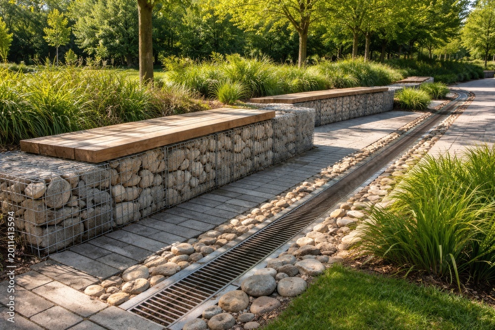 Fototapeta premium Dry stone gabion walls combined with wooden seating and effective water drainage system in park setting