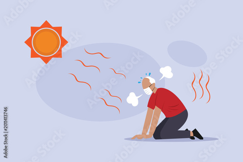 Bild auf Leinwand Elderly Man Suffering from Heatstroke and Breathing Difficulty in Extreme Summer