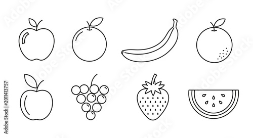 Set of Simple Outline Fruit Icons: Apple, Orange, Banana, Grapes, Strawberry, Watermelon Slice
