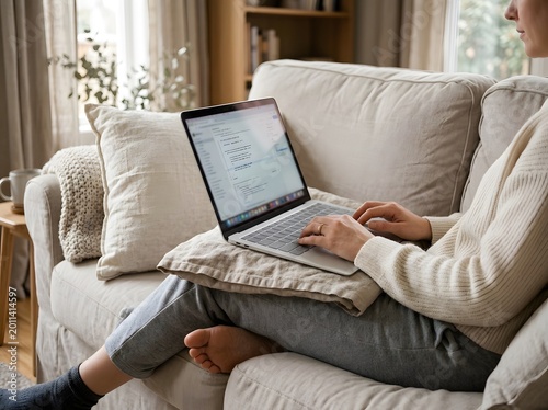A person is sitting on a couch with a laptop on their lap. The room is bright with sunlight coming through the windows. The person is focused on the screen while relaxing