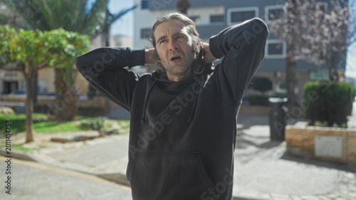 Bild auf Leinwand Man with hands behind head touching hair and briefly holding smartphone on street; concern contemplation decision