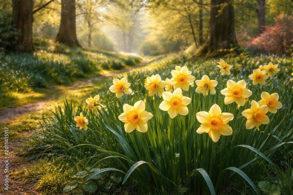 Fototapeta premium Radiant daffodils in full flower set against a serene spring woodland garden